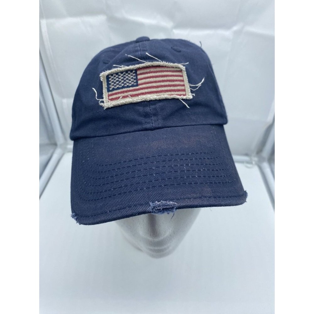 Blue Cotton Baseball Hat Tattered w/ American Flag Cap Adjustable Strap-back